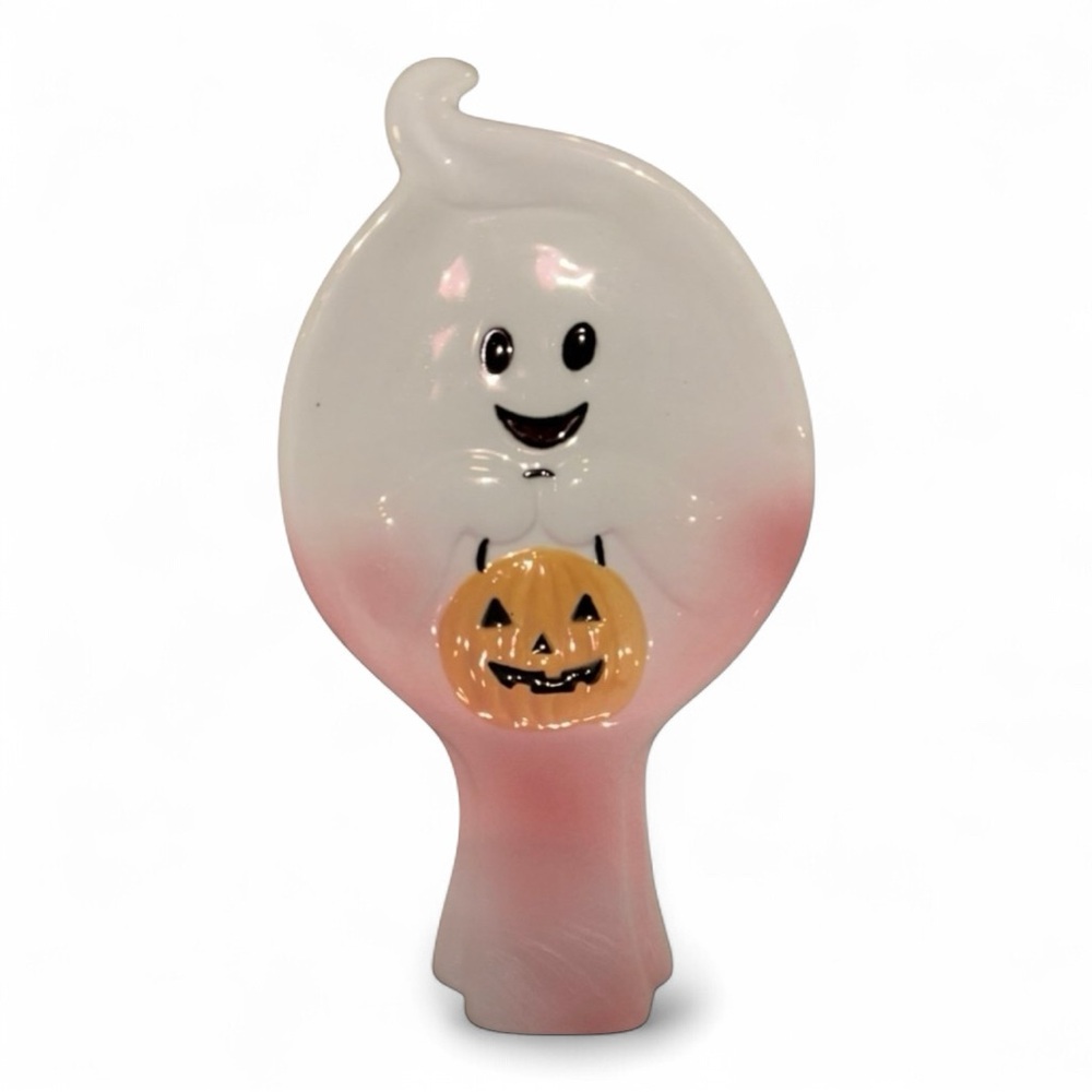 Halloween Ghost with Jack-o-lantern Ceramic Spoon Rest 10”